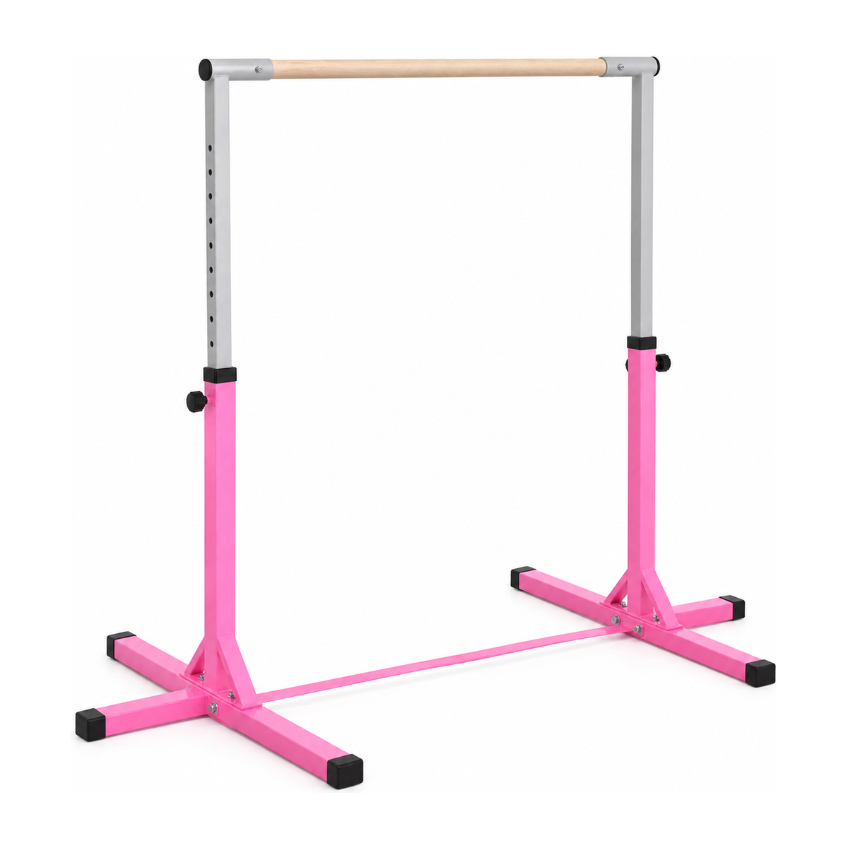 Barre de gymnastique enfant Belmia à montants roses et barre de prise finition bois clair, vue de trois quarts sur fond blanc