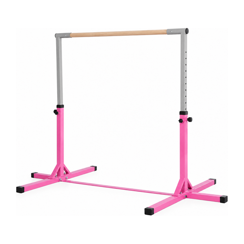 Barre de gymnastique enfant Belmia vue de trois quarts, montrant les colonnes de réglage perforées et le piètement en croix