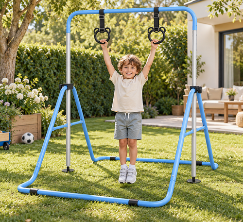 Barre de gymnastique enfant pliable Belmia mise en situation dans un jardin