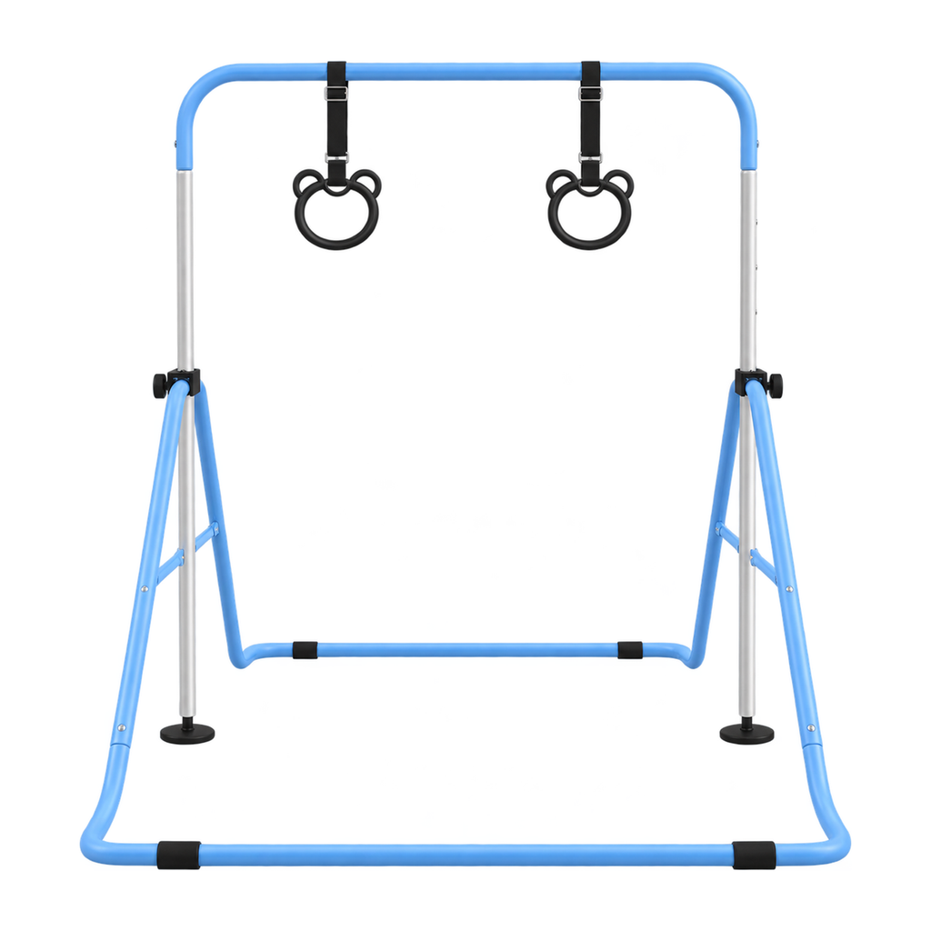 Barre de gymnastique enfant pliable Belmia, tubes bleus et deux anneaux suspendus, vue de face sur fond blanc