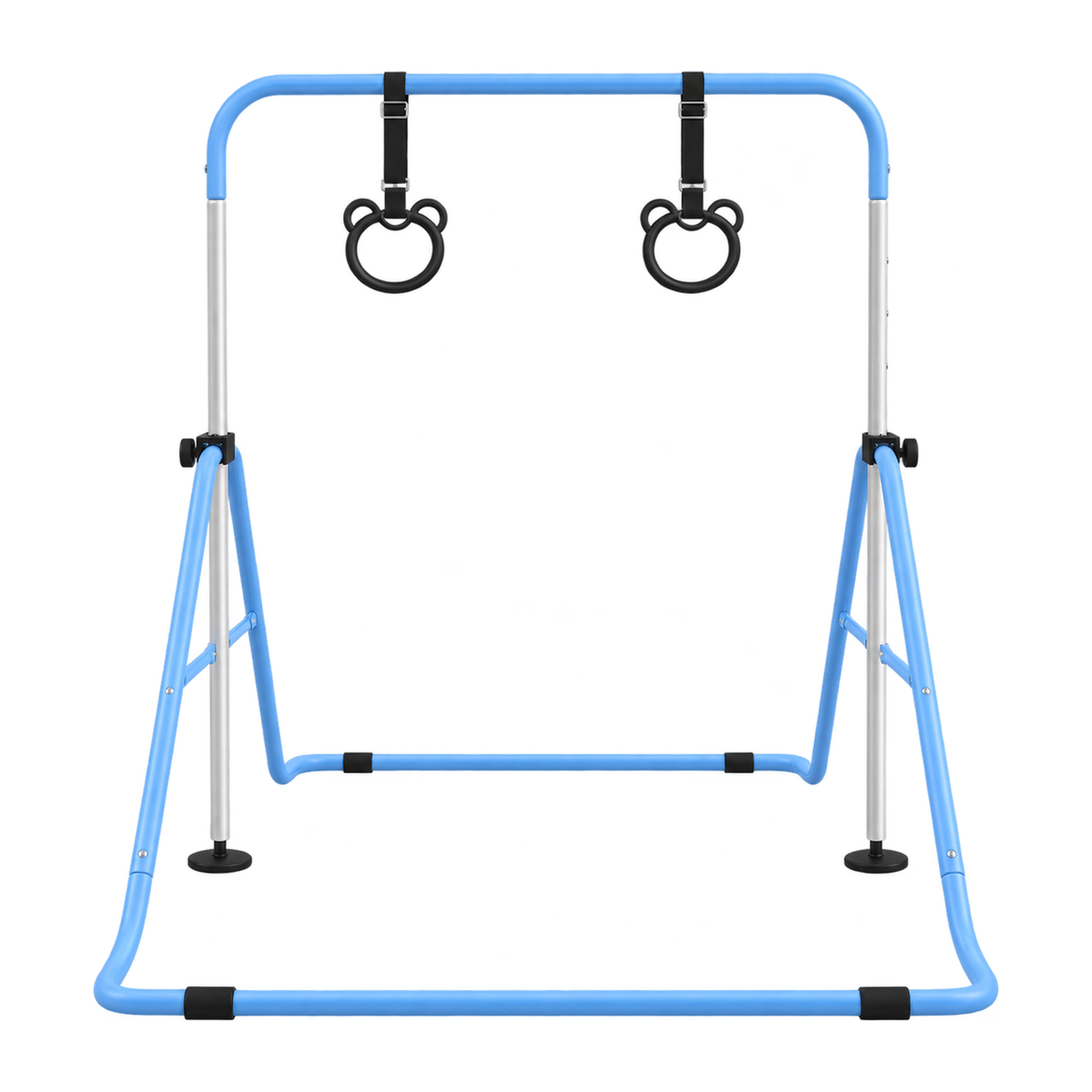 Barre de gymnastique enfant pliable Belmia, tubes bleus et deux anneaux suspendus, vue de face sur fond blanc