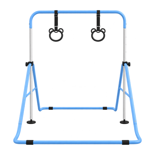 Barre de gymnastique enfant pliable Belmia, tubes bleus et deux anneaux suspendus, vue de face sur fond blanc