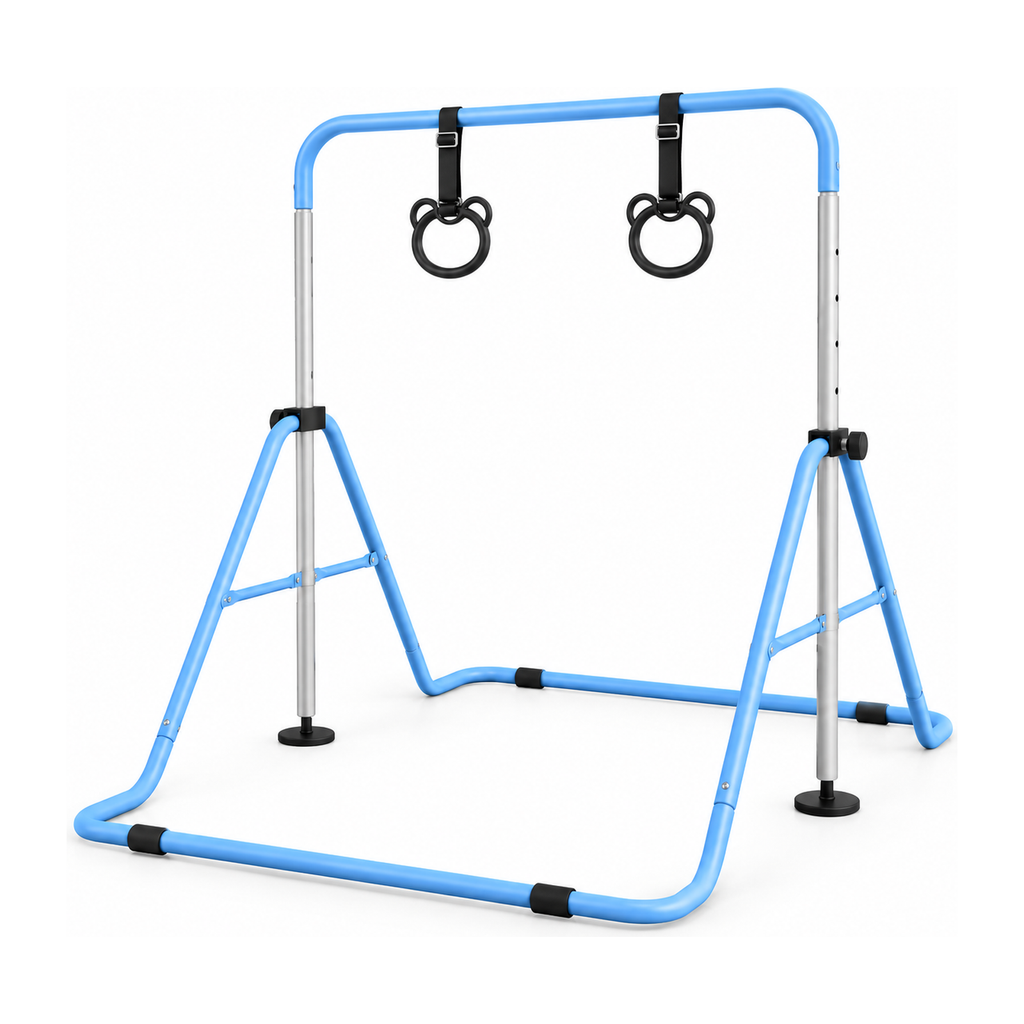 Barre de gymnastique enfant pliable Belmia vue de trois quarts, montrant les pieds repliables et les colonnes de réglage