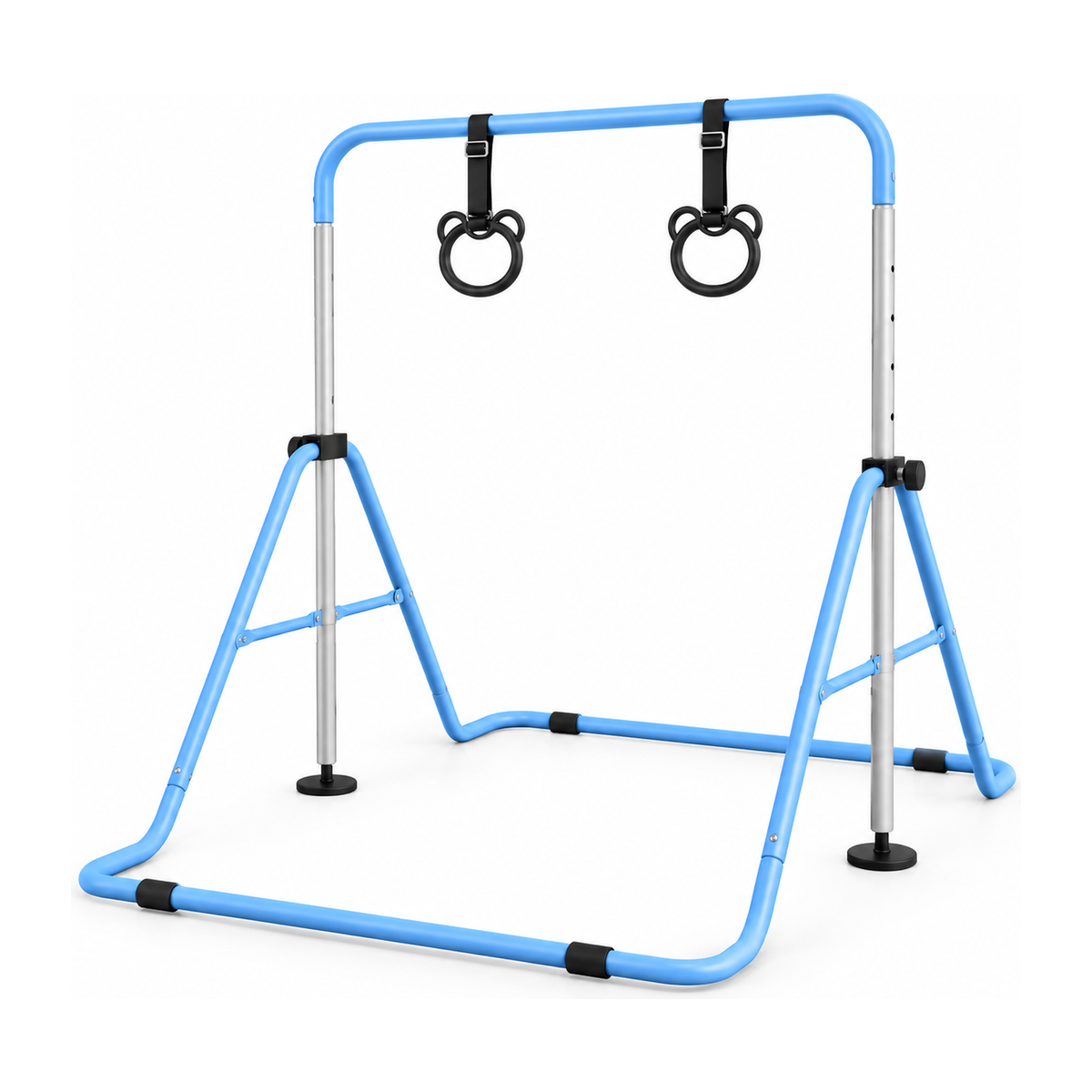 Barre de gymnastique enfant pliable Belmia vue de trois quarts, montrant les pieds repliables et les colonnes de réglage