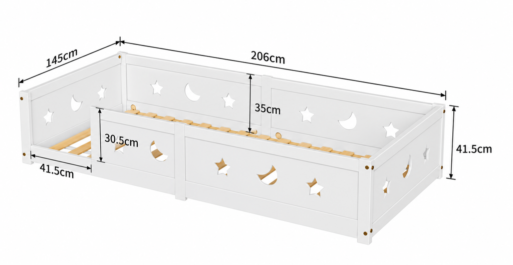 Schéma coté du lit Montessori A1 Belmia, encombrement hors tout, version 140 x 200 cm