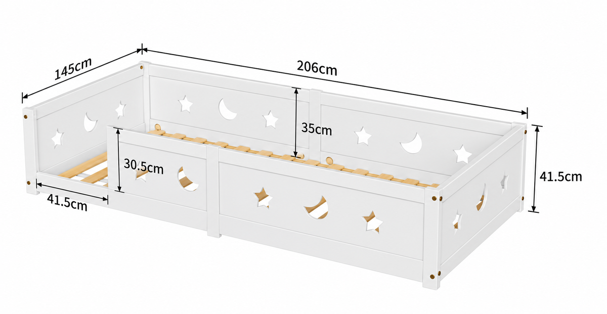 Schéma coté du lit Montessori A1 Belmia, encombrement hors tout, version 140 x 200 cm