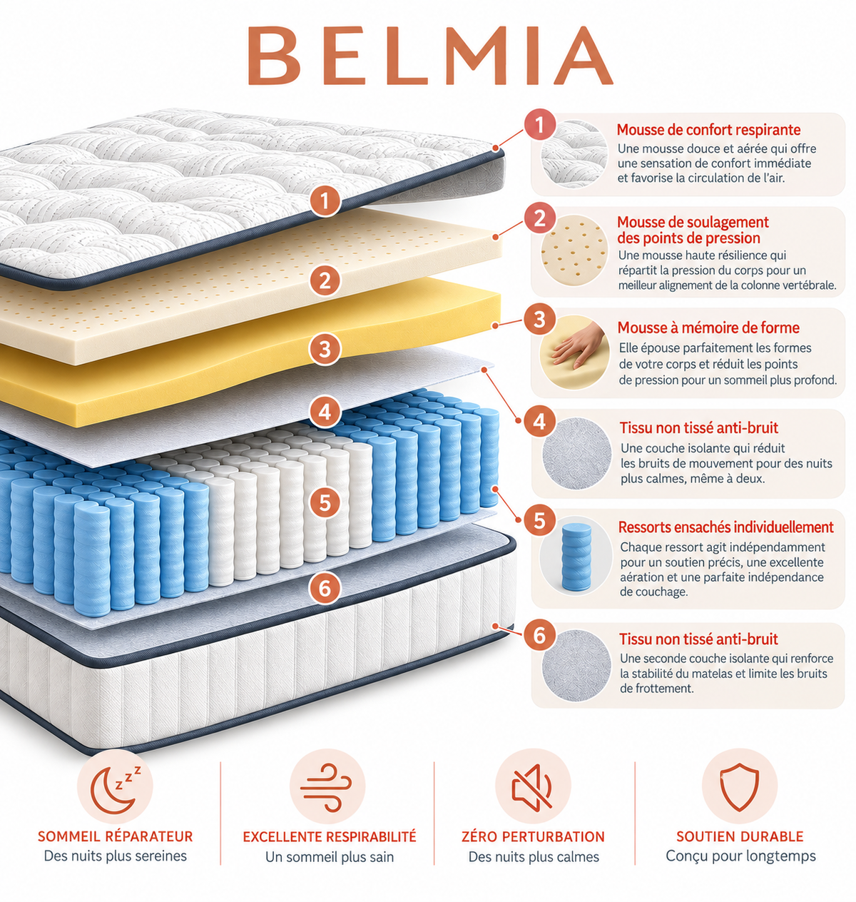 Schéma de composition du matelas Belmia, vue éclatée de l'empilement des couches