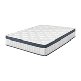 Matelas Belmia à ressorts ensachés, face supérieure matelassée et bandeau latéral foncé, vue de trois quarts sur fond blanc