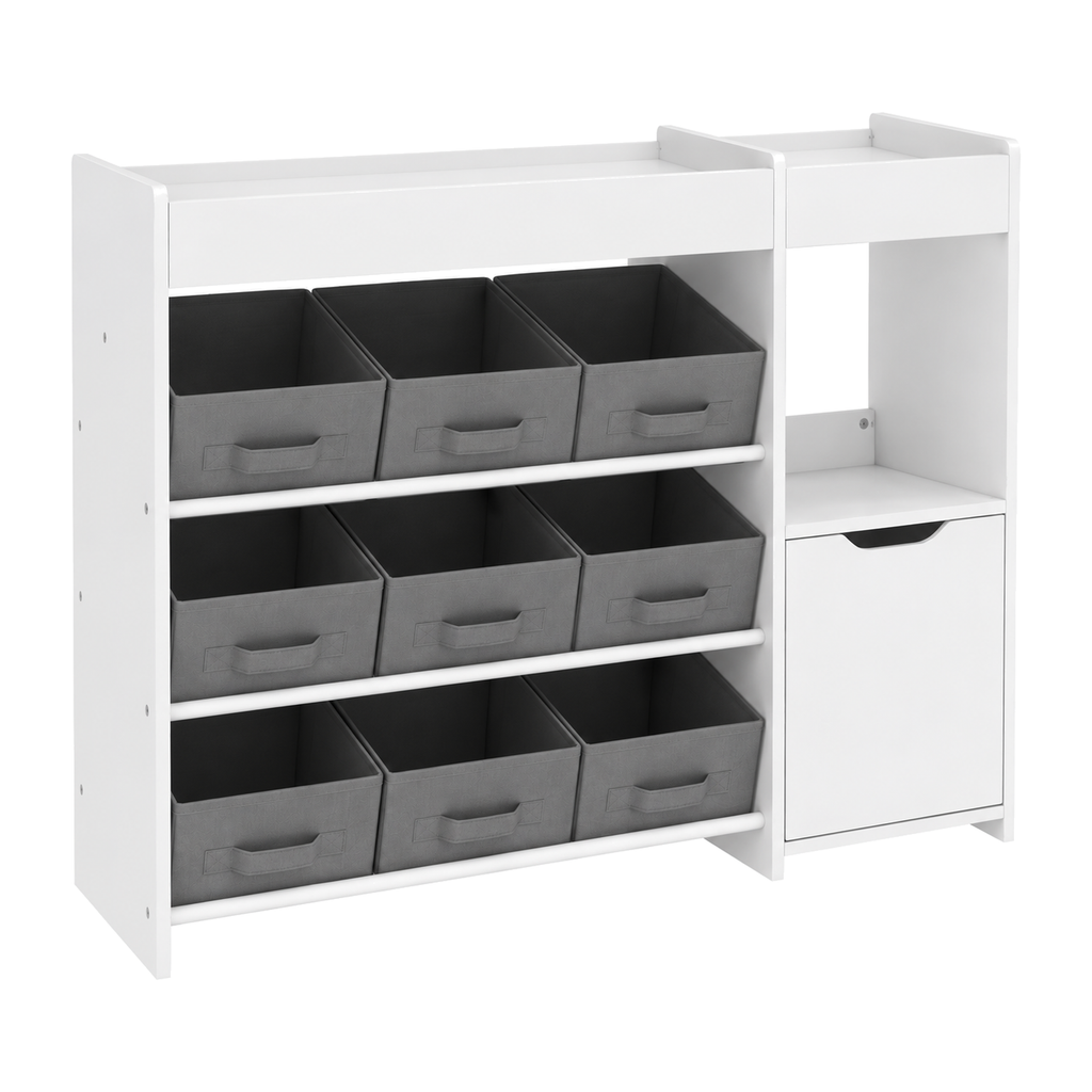 Meuble de rangement enfant Belmia vu de face, bacs en tissu alignés sur trois niveaux et porte du placard fermée, sur fond blanc