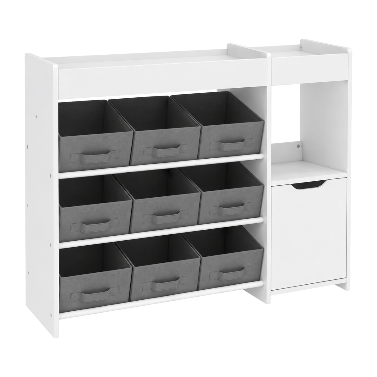 Meuble de rangement enfant Belmia vu de face, bacs en tissu alignés sur trois niveaux et porte du placard fermée, sur fond blanc