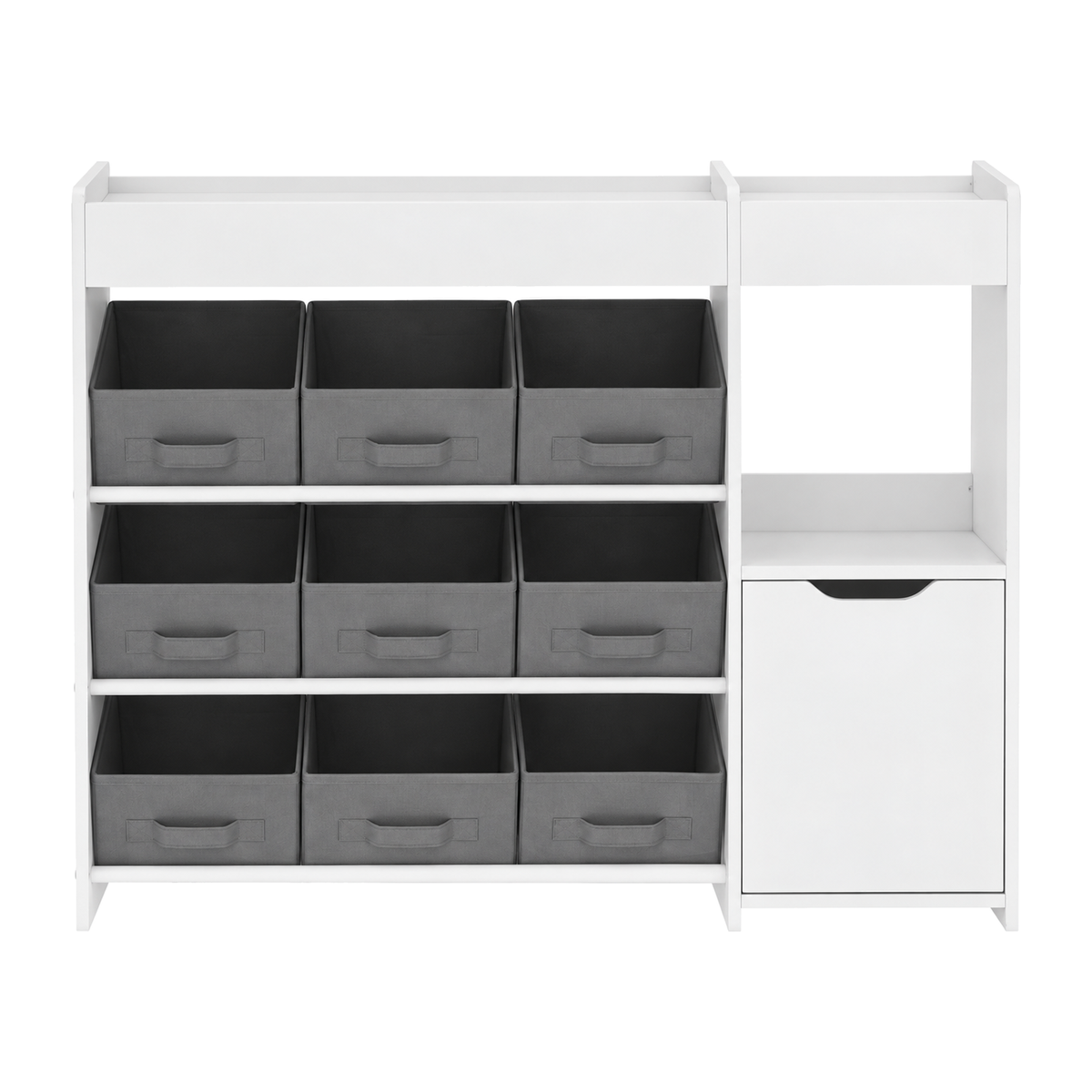 Meuble de rangement enfant Belmia blanc, neuf bacs en tissu gris et placard fermé, vue de trois quarts sur fond blanc