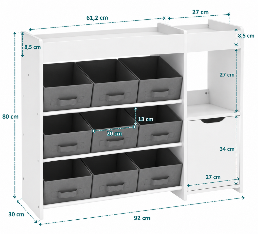Schéma coté du meuble de rangement enfant Belmia, vue de face