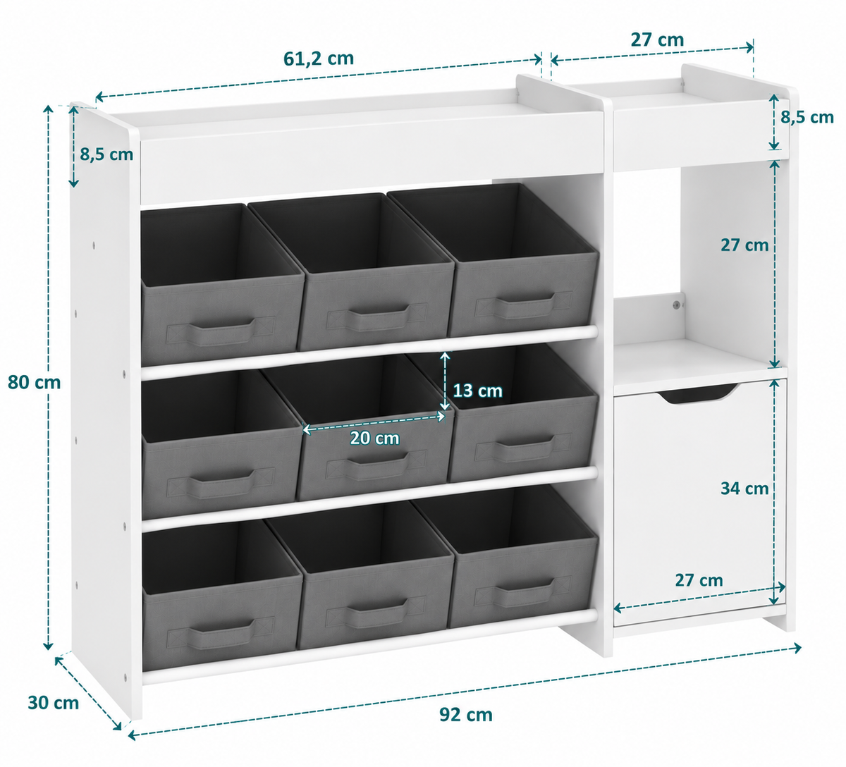 Schéma coté du meuble de rangement enfant Belmia, vue de face