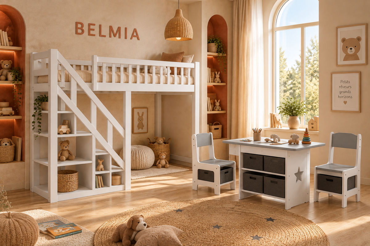 Ensemble Belmia table enfant et deux chaises mis en situation dans une chambre d'enfant