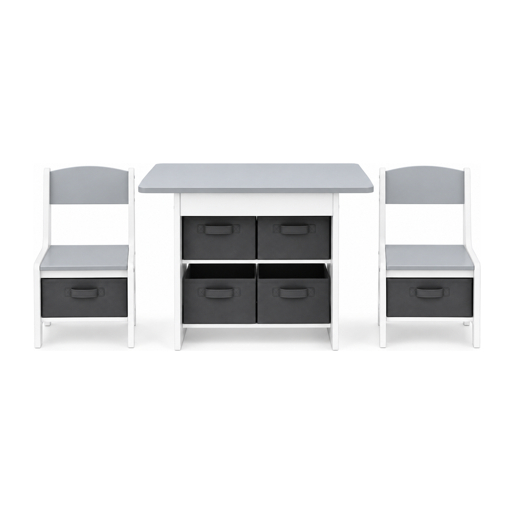 Ensemble Belmia table enfant et deux chaises vu de face, les six tiroirs amovibles visibles — quatre sous le plateau et un sous chaque assise, sur fond blanc