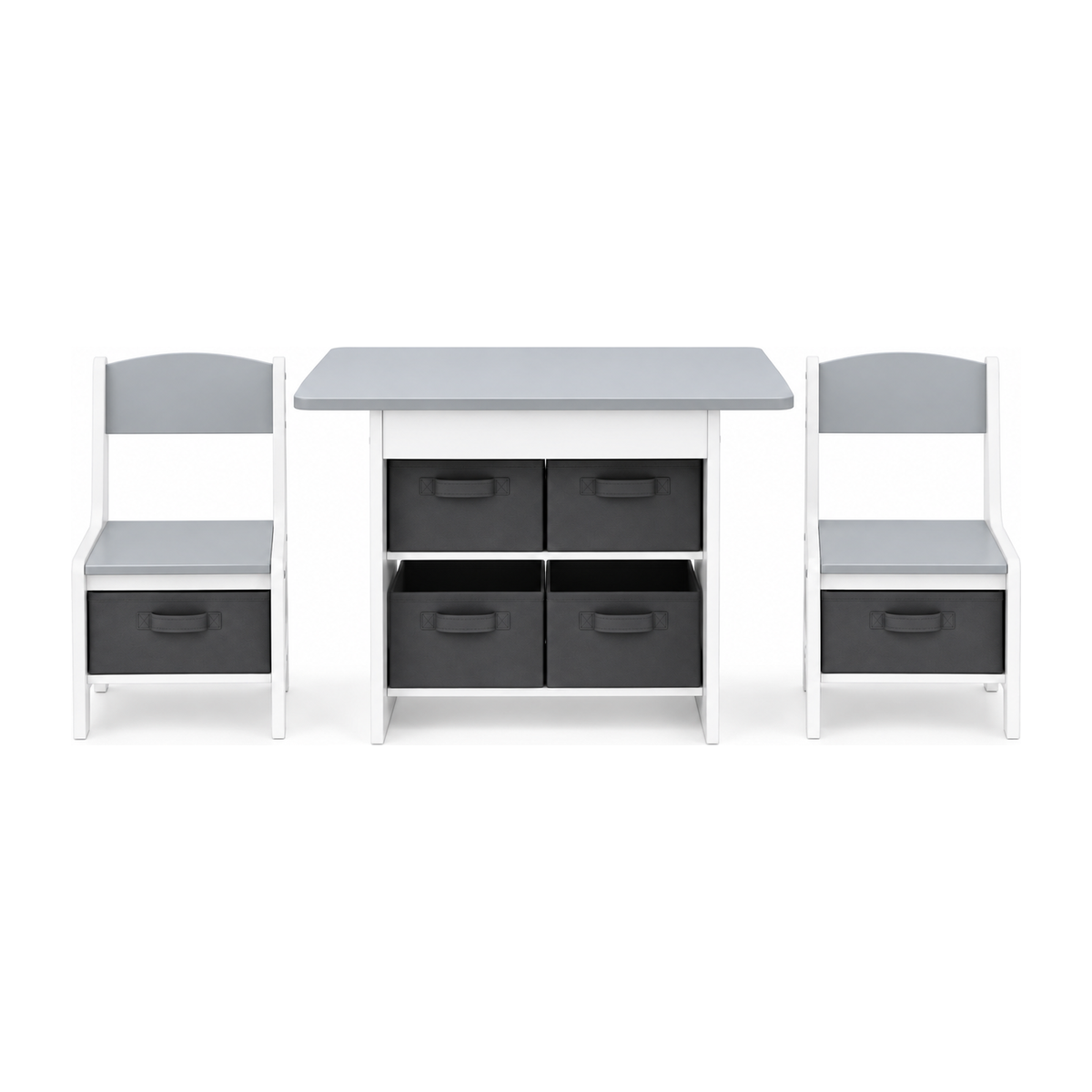 Ensemble Belmia table enfant et deux chaises vu de face, les six tiroirs amovibles visibles — quatre sous le plateau et un sous chaque assise, sur fond blanc