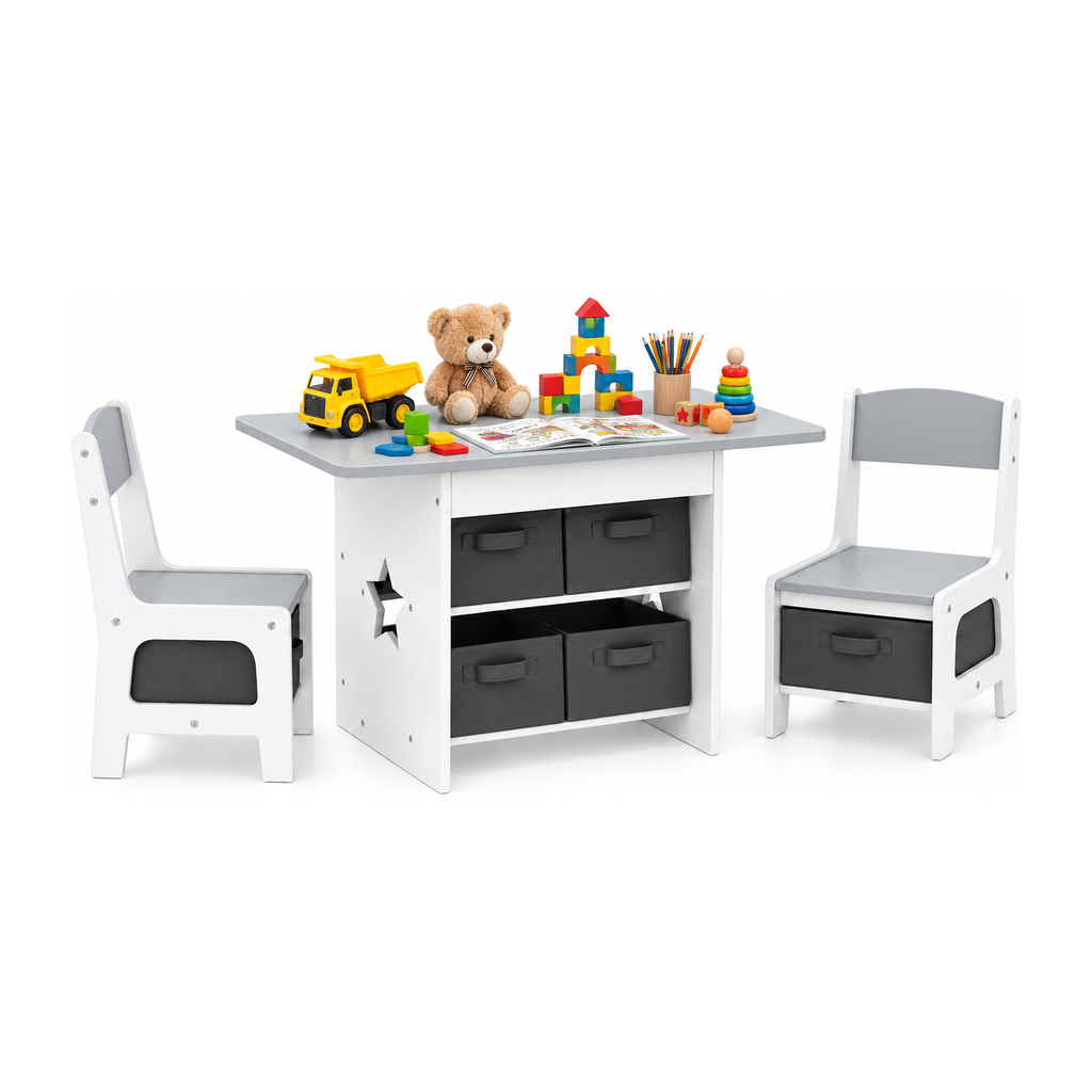 Ensemble Belmia table enfant et deux chaises garni de jouets, de crayons et d'un livre sur le plateau, sur fond blanc