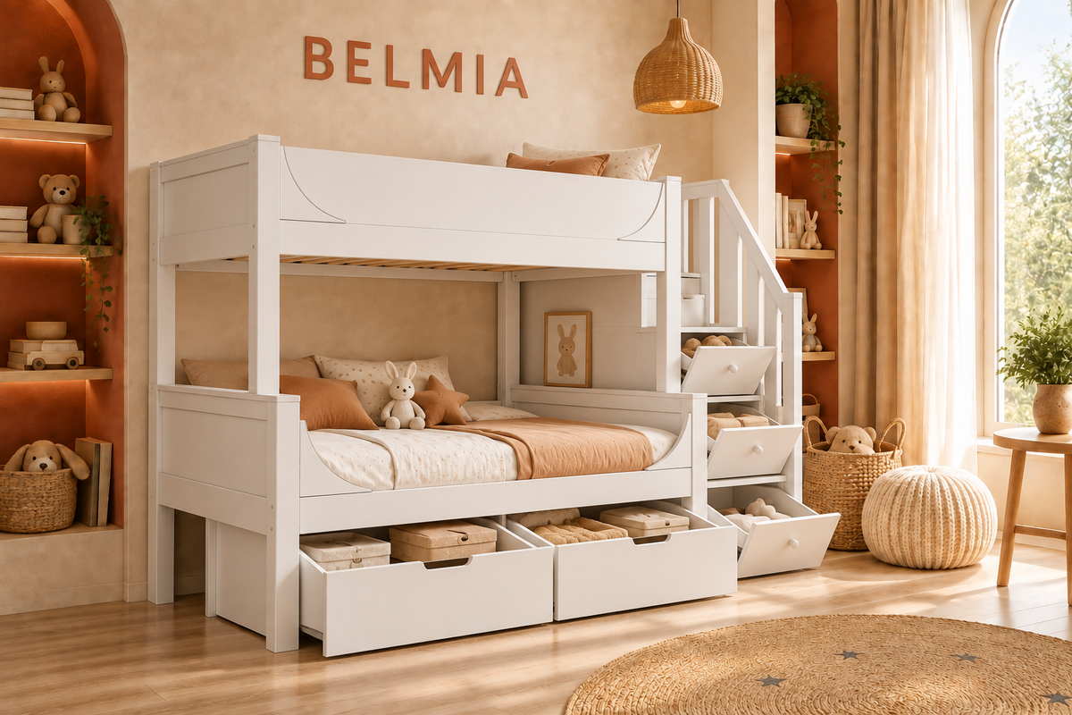 Lit superposé bois blanc mis en situation dans une chambre d'enfant