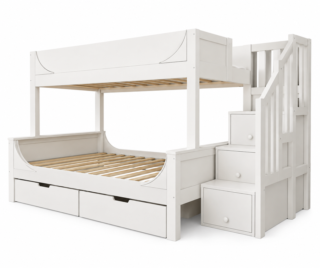Lit superposé bois blanc, vue de trois quarts sur fond blanc, couchage simple en haut et double en bas avec tiroirs