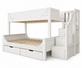 Lit superposé bois blanc, vue de trois quarts sur fond blanc, couchage simple en haut et double en bas avec tiroirs
