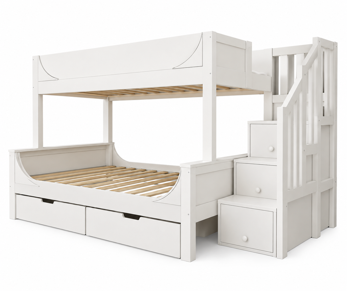 Lit superposé bois blanc, vue de trois quarts sur fond blanc, couchage simple en haut et double en bas avec tiroirs